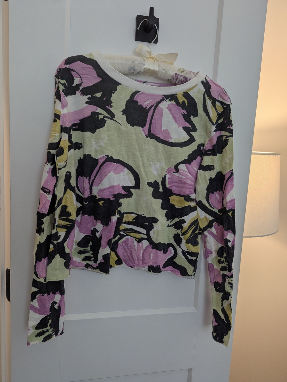 Anthropologie Floral Long-Sleeve Crewneck Top - Pink, Green & Black